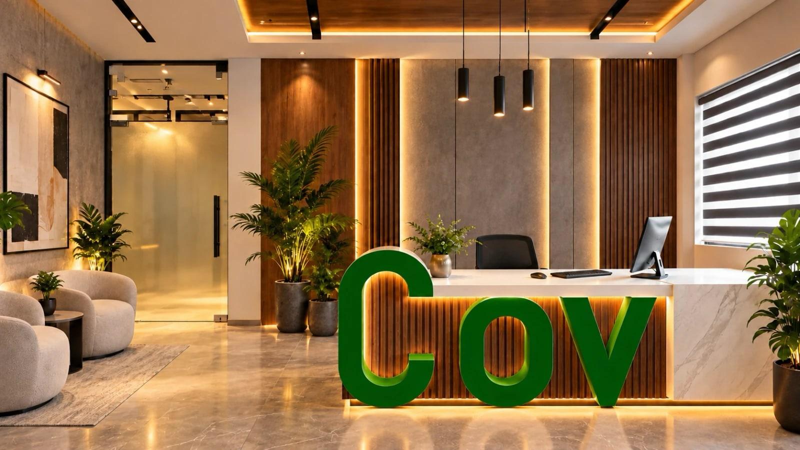 Covspace reception with green Cov lettering before a lit walnut-slat desk, lounge chairs and plants