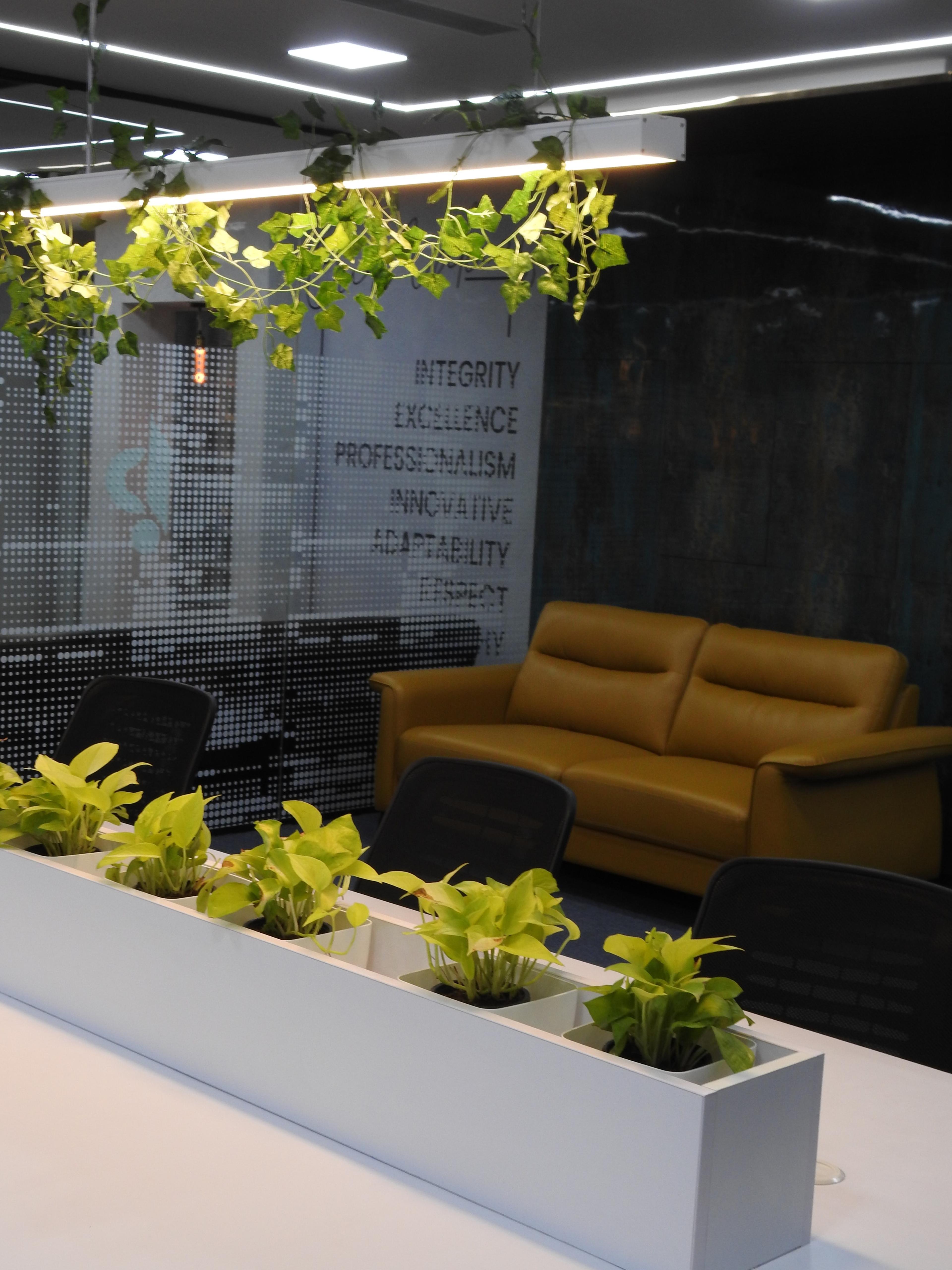 Mustard lounge sofa behind a long planter of pothos in the Covspace common area