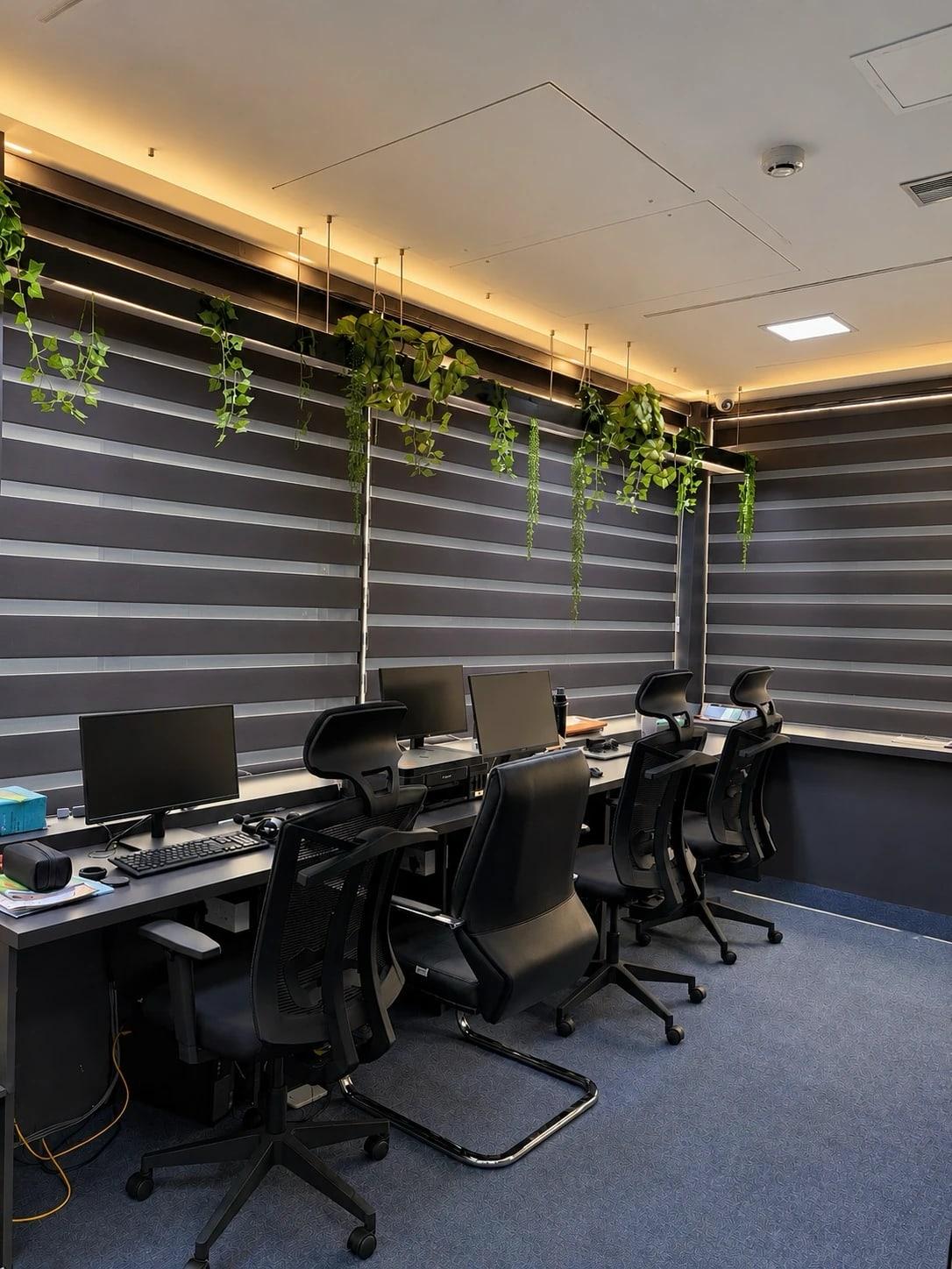 Row of flexi desks with monitors and black mesh chairs under trailing plants and warm cove lighting