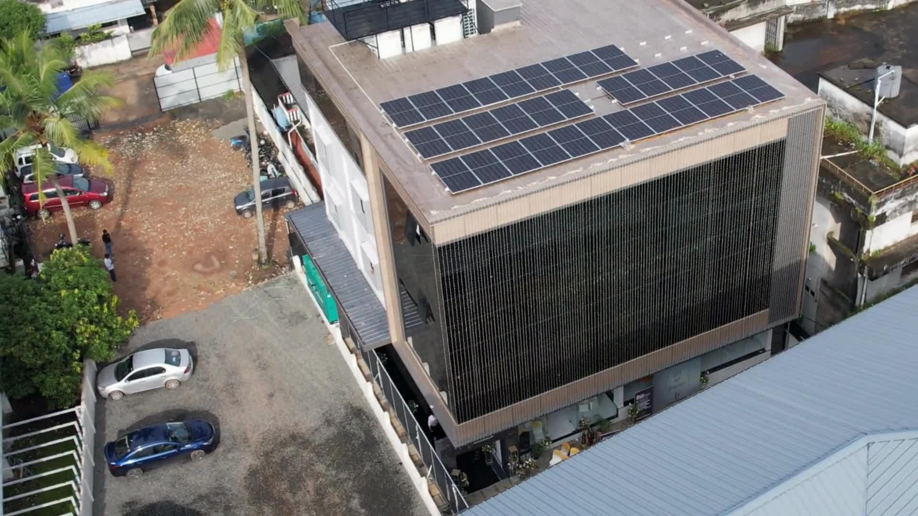 G K Tower from above, showing the solar-powered roof and on-site parking