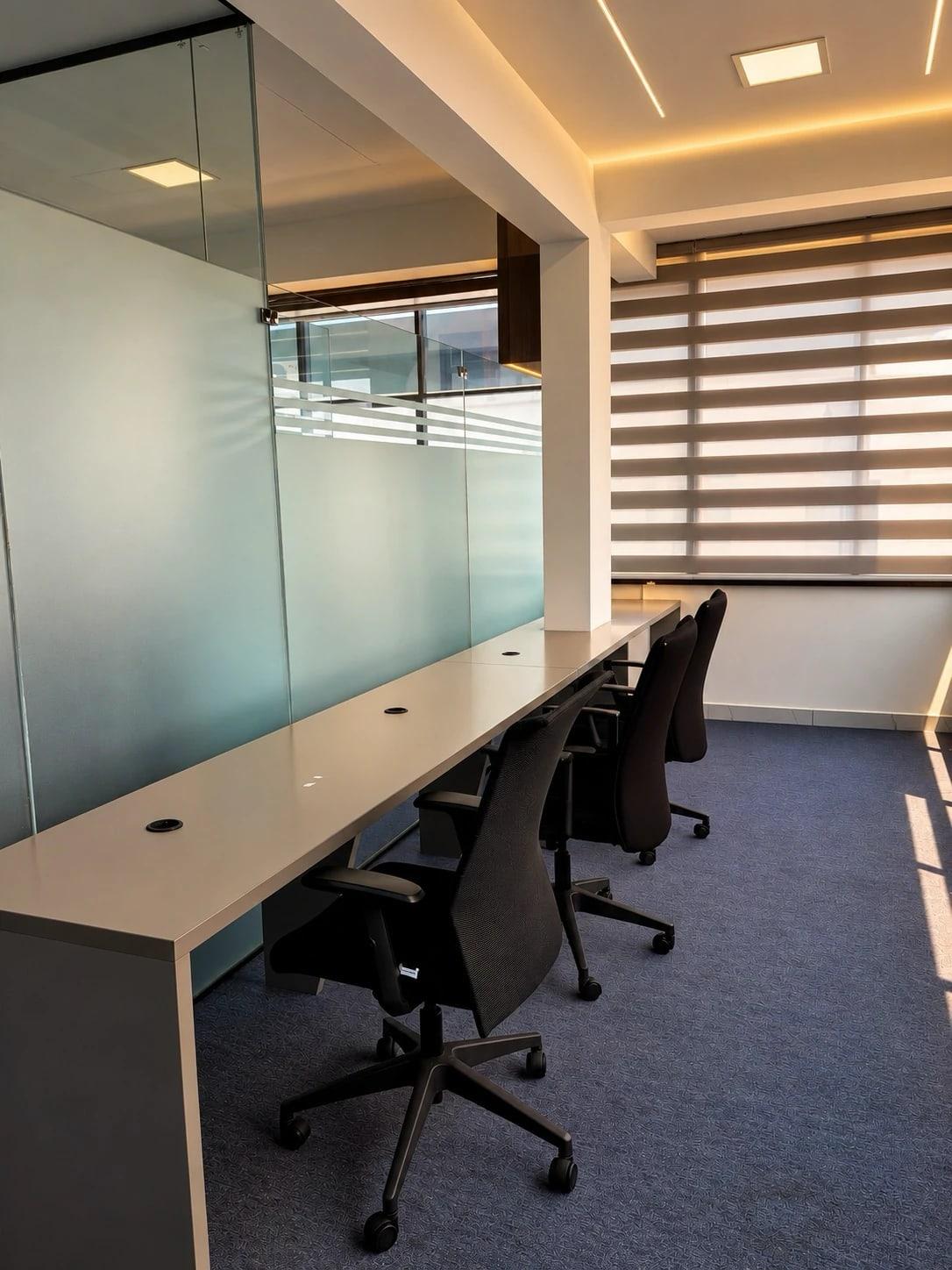 Row of dedicated desks with black mesh chairs along a frosted glass partition, with zebra blinds and warm cove lighting