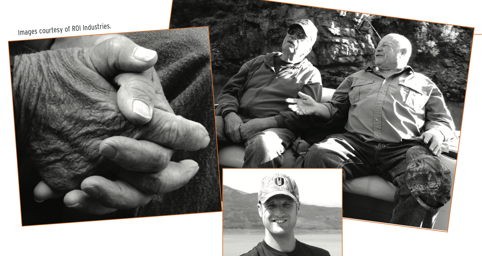 Photos of hands, two men talking, and a man smiling