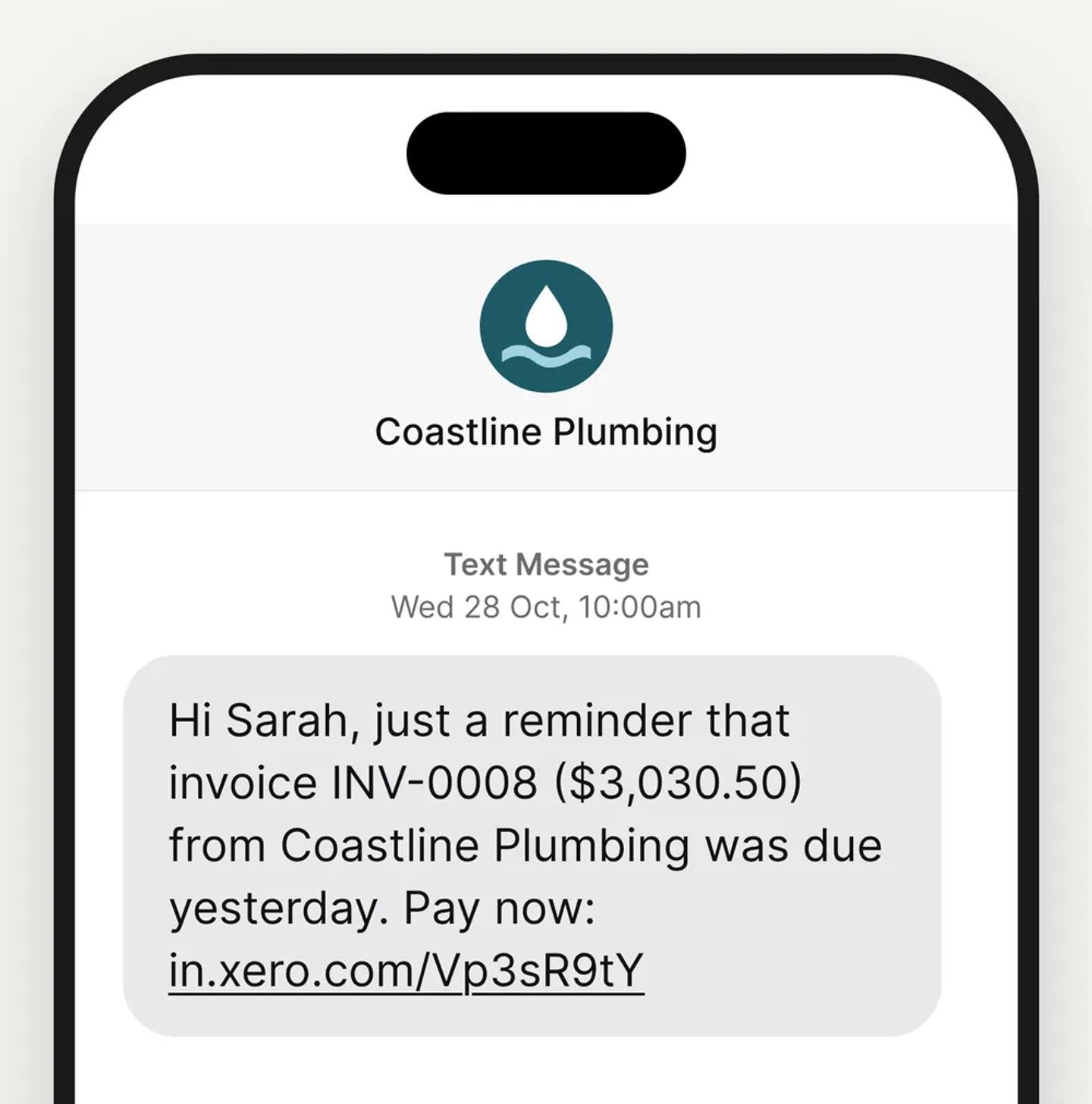 Text message reminding a customer that a $3,030.50 plumbing invoice was due yesterday, with a pay link