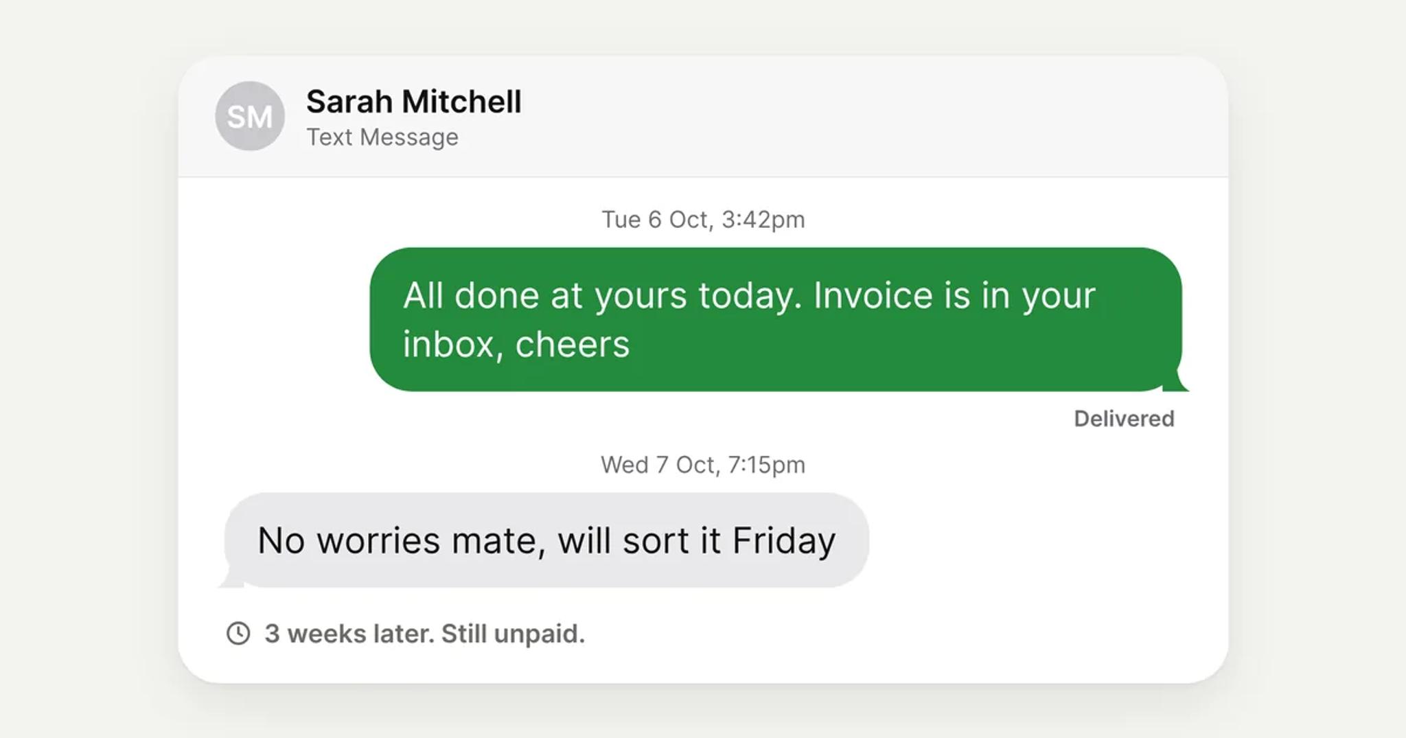 Text thread where a customer replies "No worries mate, will sort it Friday", still unpaid three weeks later