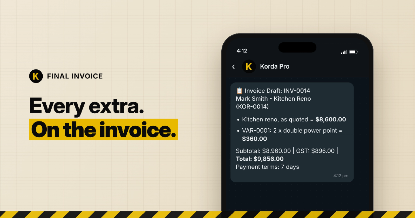 A Korda Pro invoice draft in WhatsApp for Mark Smith's kitchen reno: the quoted work at $8,600 and variation VAR-0001 for 2 x double power point at $360, total $9,856 including GST.