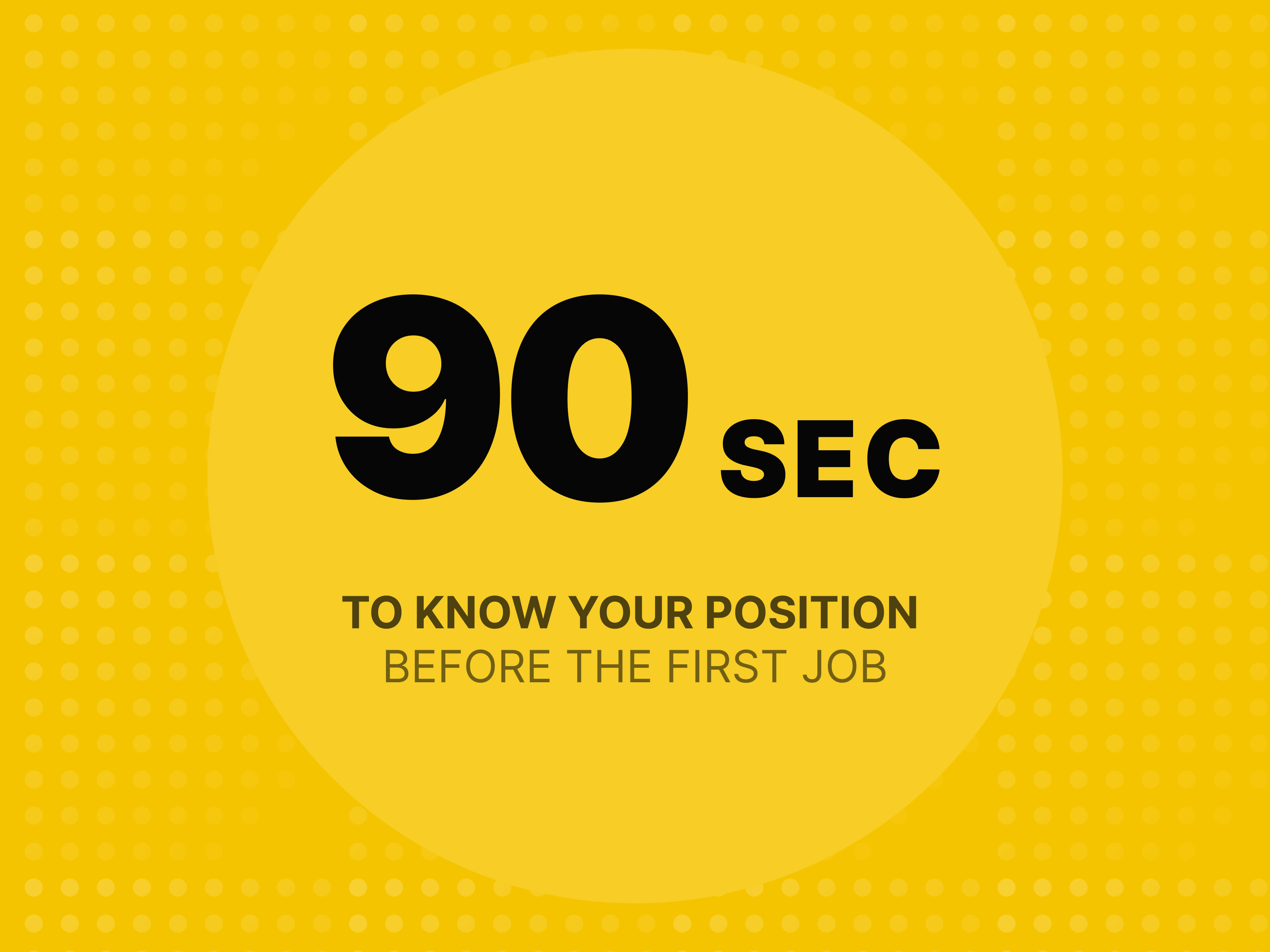 Yellow panel with the figure 90 SEC, captioned “To know your position before the first job”.