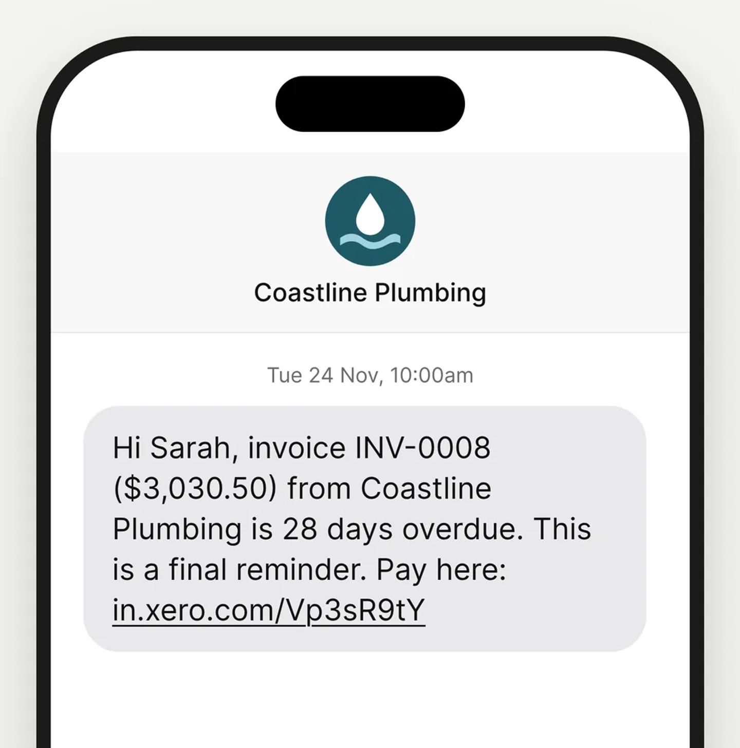 Final reminder text for a $3,030.50 plumbing invoice that is 28 days overdue, with a pay link