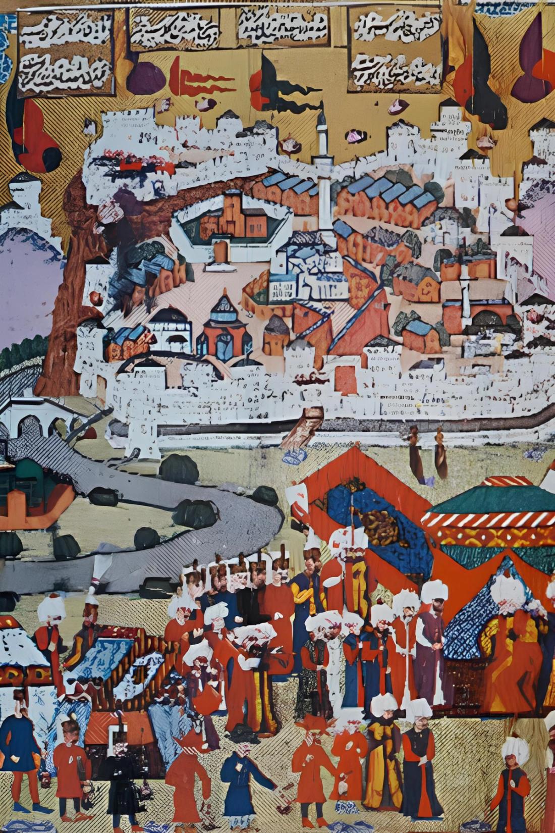 Ordu toplanması ve şehir görüntüsü. Savaşan insanlar, kale. Uluslararası Harakani Kültür Vakfı.