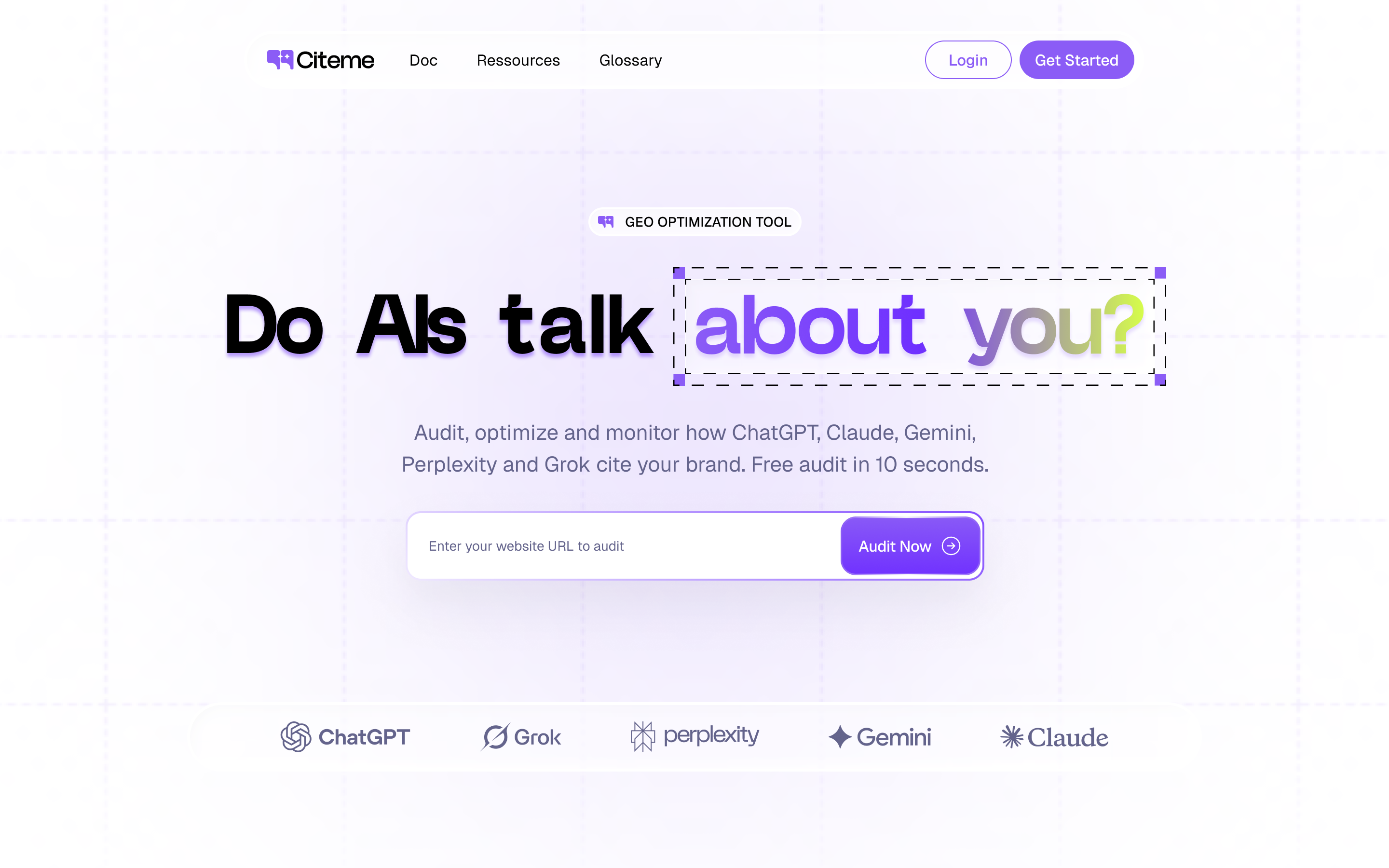 Citeme home page: free AI visibility audit across ChatGPT, Grok, Perplexity, Gemini and Claude
