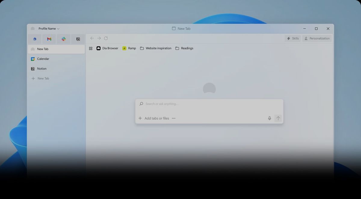L'interface du navigateur Dia, avec sa barre latérale et un champ unique pour chercher ou demander