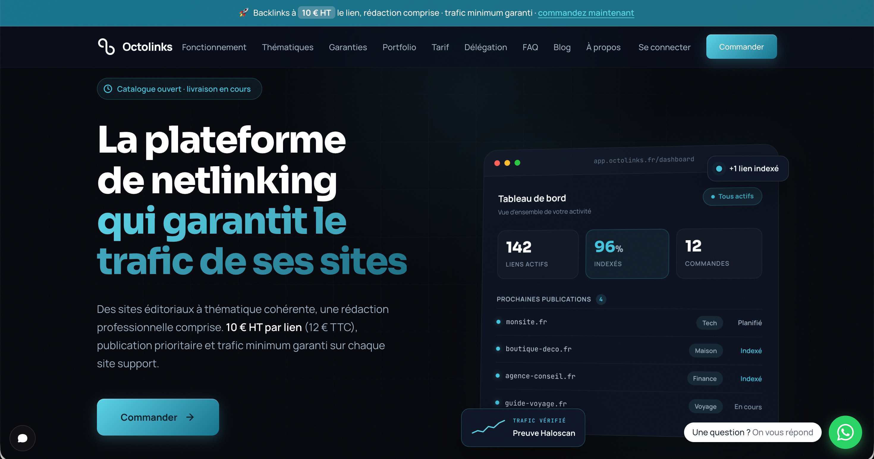 Page d'accueil d'Octolinks annonçant des backlinks à 10 euros hors taxes, rédaction comprise et trafic minimum garanti sur chaque site support
