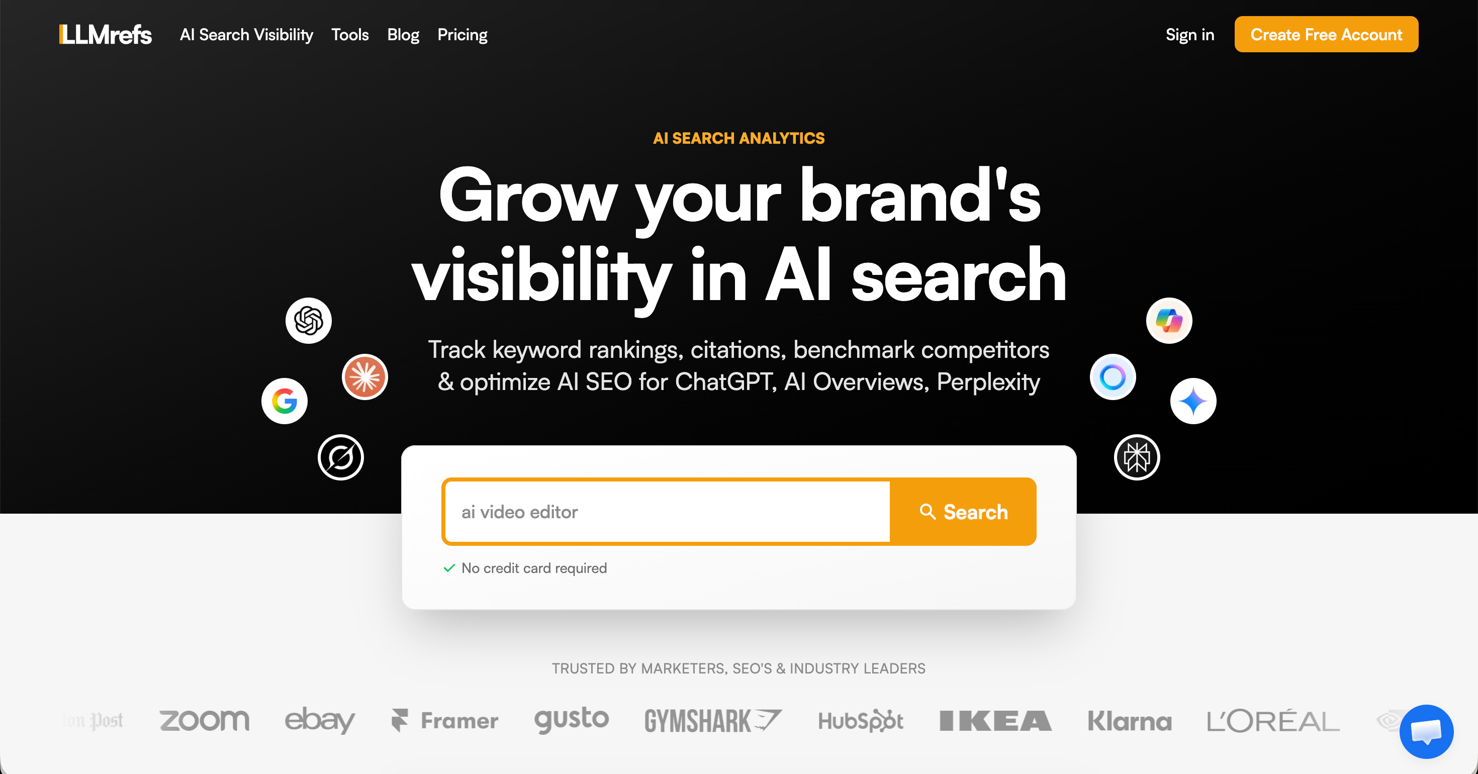 LLMrefs homepage with a keyword search box and AI engine icons