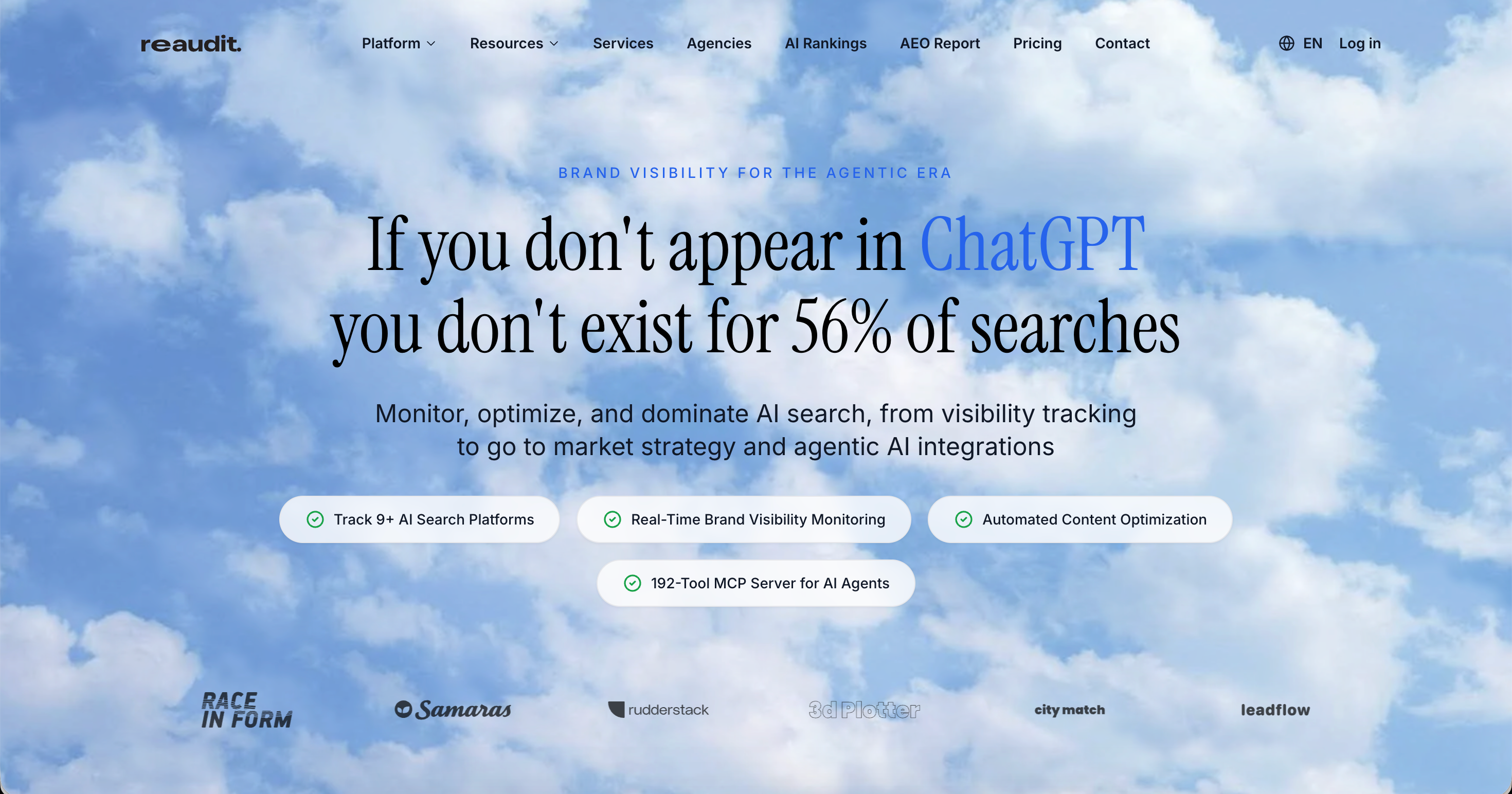 Reaudit homepage claiming tracking across nine or more AI search platforms