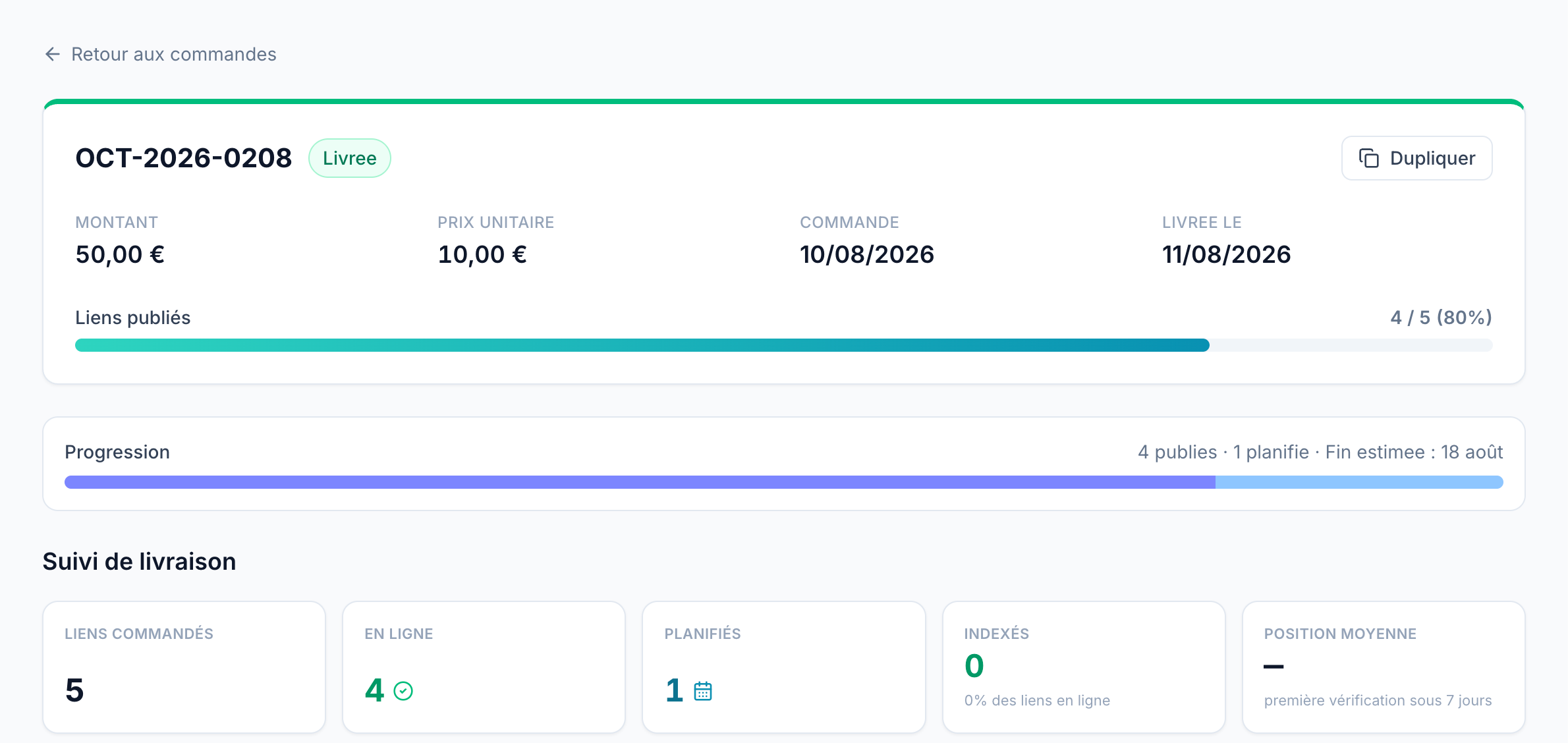 Récapitulatif de la commande OCT-2026-0208 sur Octolinks : 50 euros pour 5 liens à 10 euros l'unité, commandée le 10 août 2026 et livrée le 11 août 2026