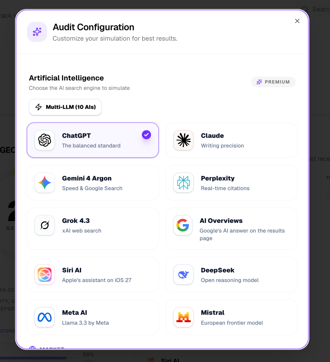 Configuration d'un audit dans Citeme : Gemini 4 Argon proposé parmi les dix moteurs IA, avec ChatGPT, Claude, Perplexity, Grok 4.3, AI Overviews, Siri AI, DeepSeek, Meta AI et Mistral