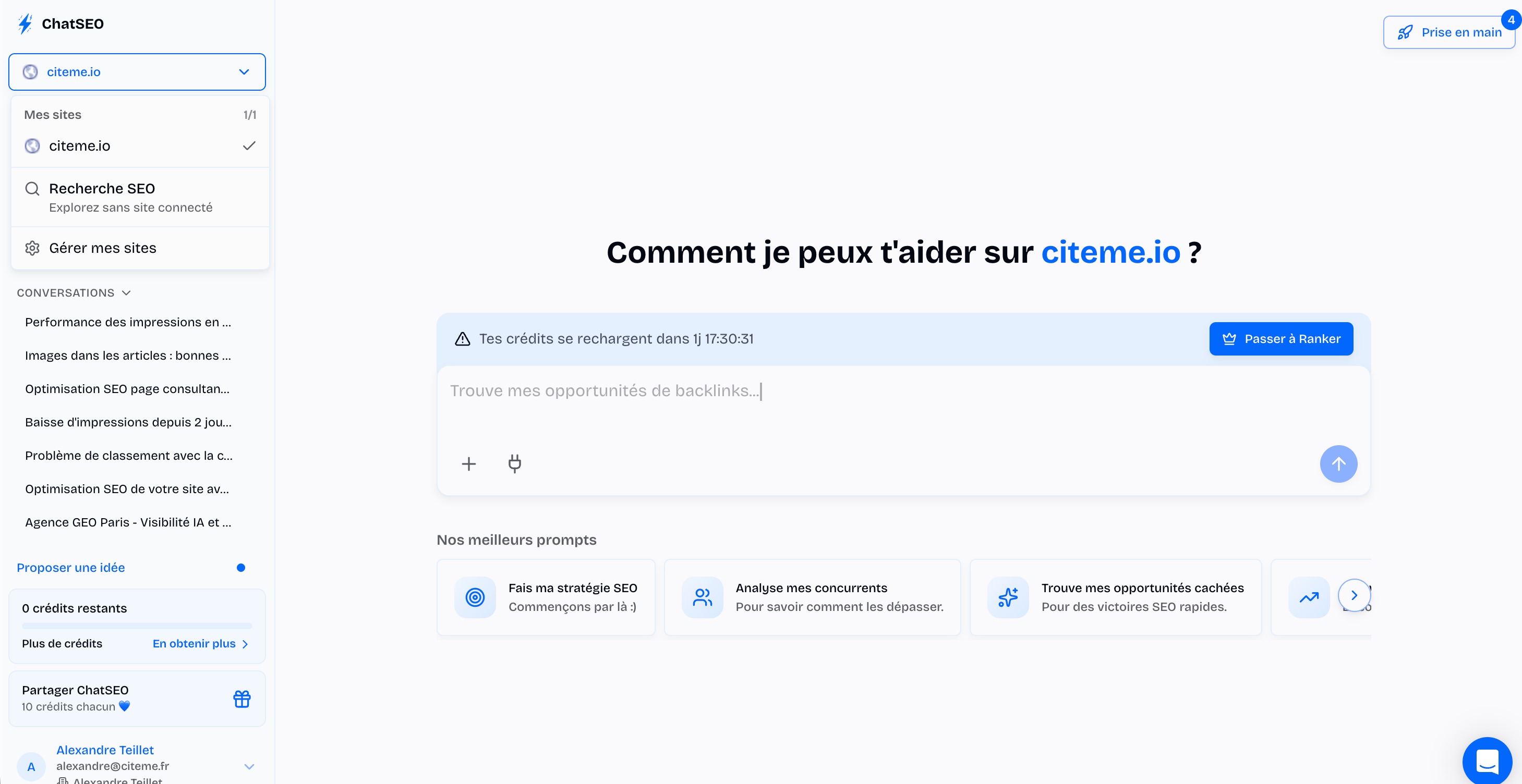 Tableau de bord de ChatSEO connecté à la Google Search Console