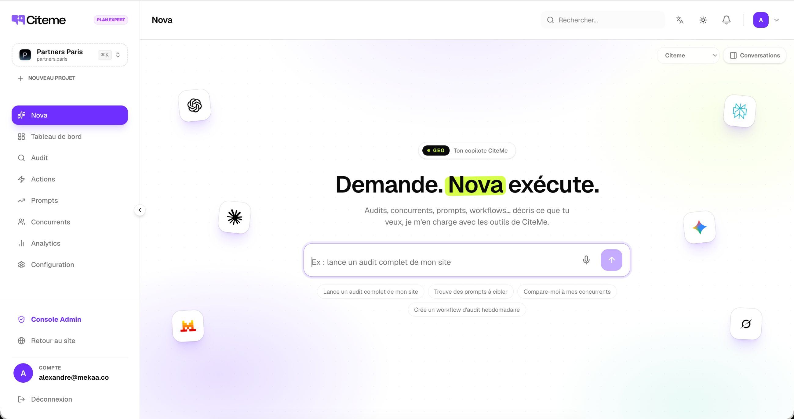 Interface Nova de Citeme : le copilote qui execute audits, comparaisons concurrentielles et workflows a partir d'une demande en langage naturel