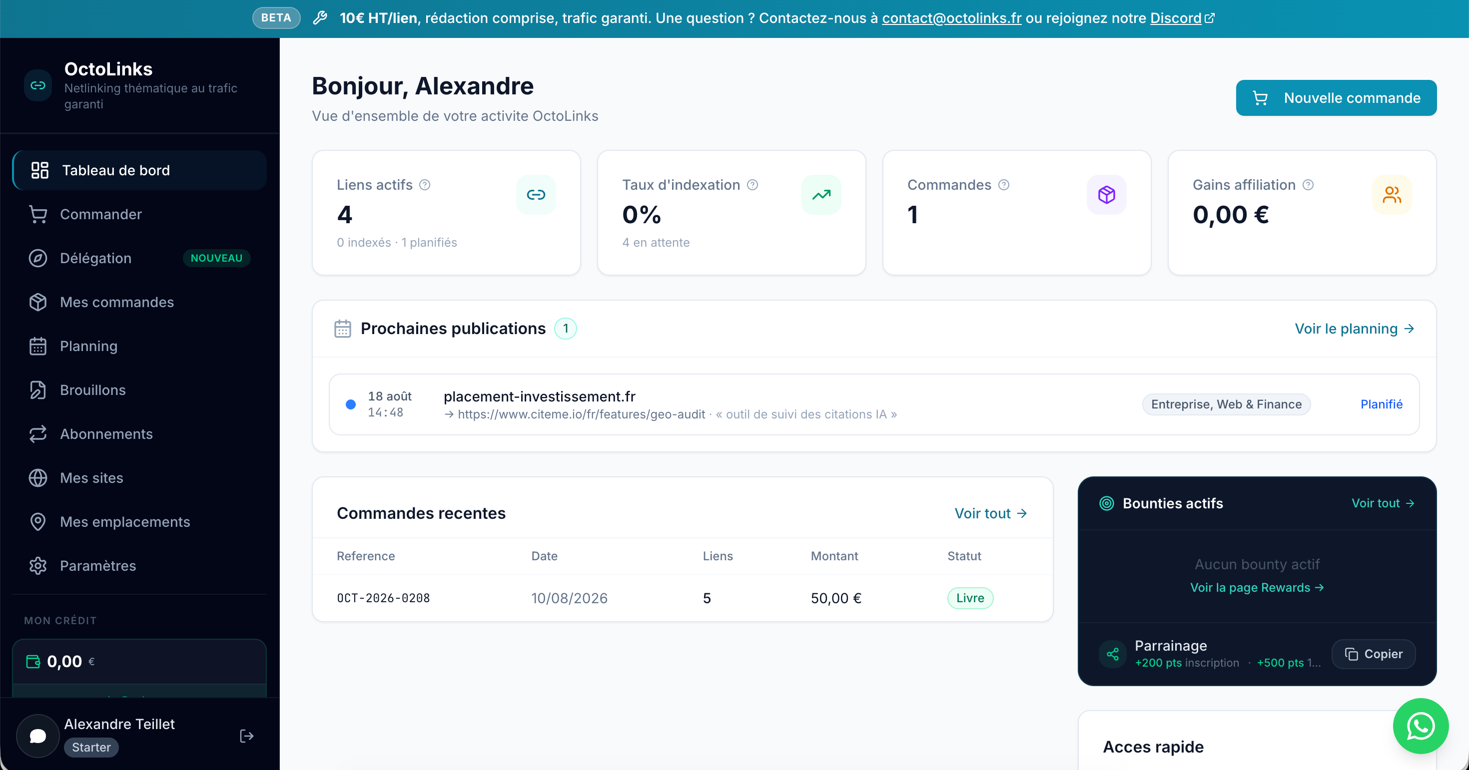 Tableau de bord Octolinks affichant 4 liens actifs, un taux d'indexation de 0 pour cent avec 4 liens en attente, et la commande OCT-2026-0208 livrée