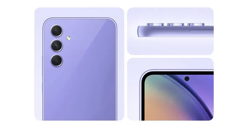 Samsung Galaxy A54 5G, détails de la face arrière et de l'écran