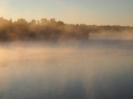 Mist hovering over calm water with sunrise light. Tree-filled shore visible across the water.