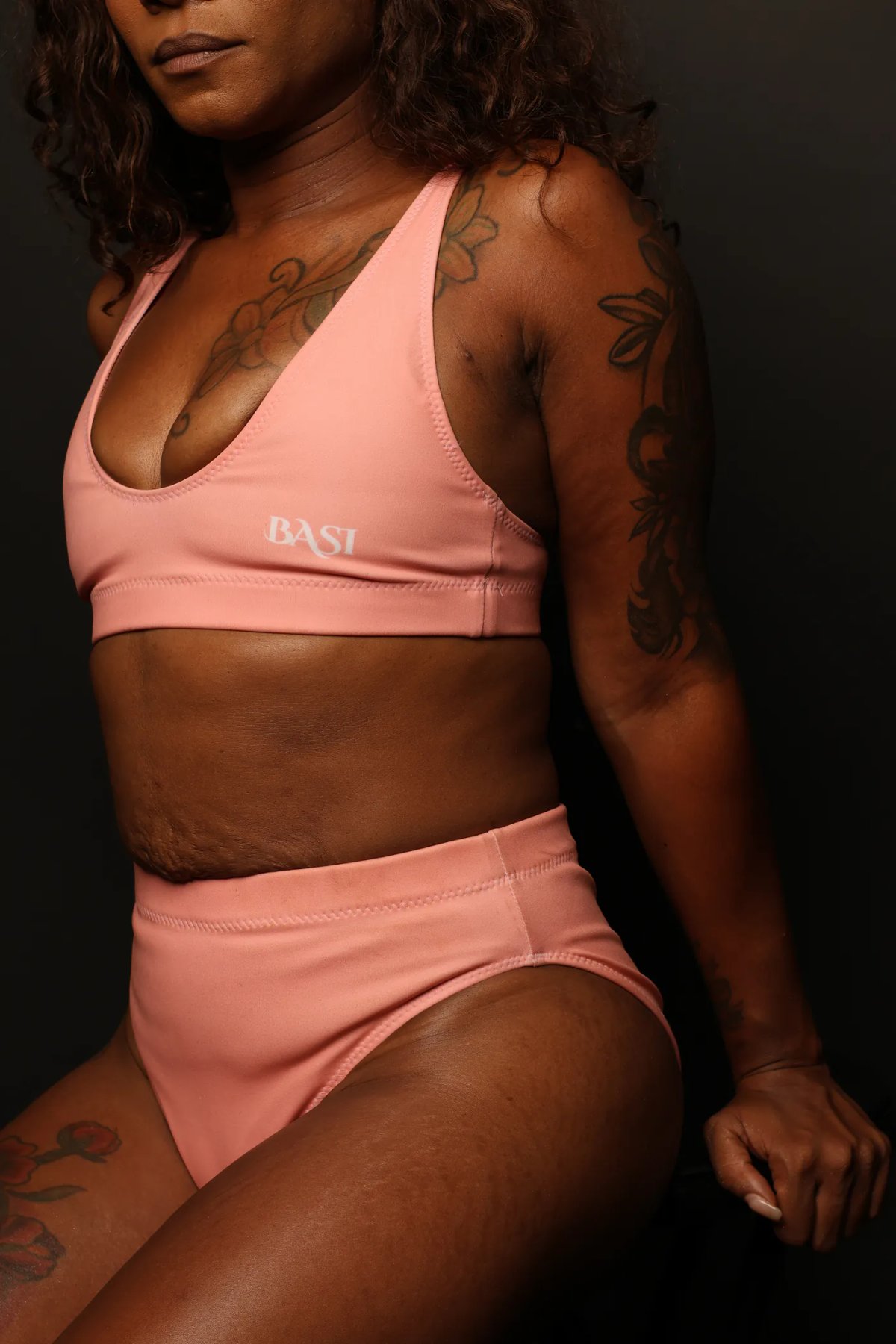 Detail of a cotton candy high-waisted bikini in the studio