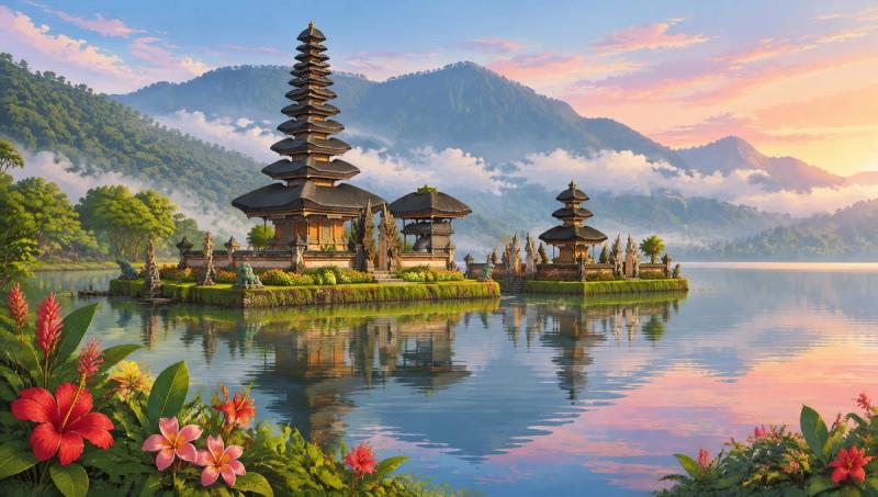 Illustrated landscape representing bedugul, Bali, Indonesia