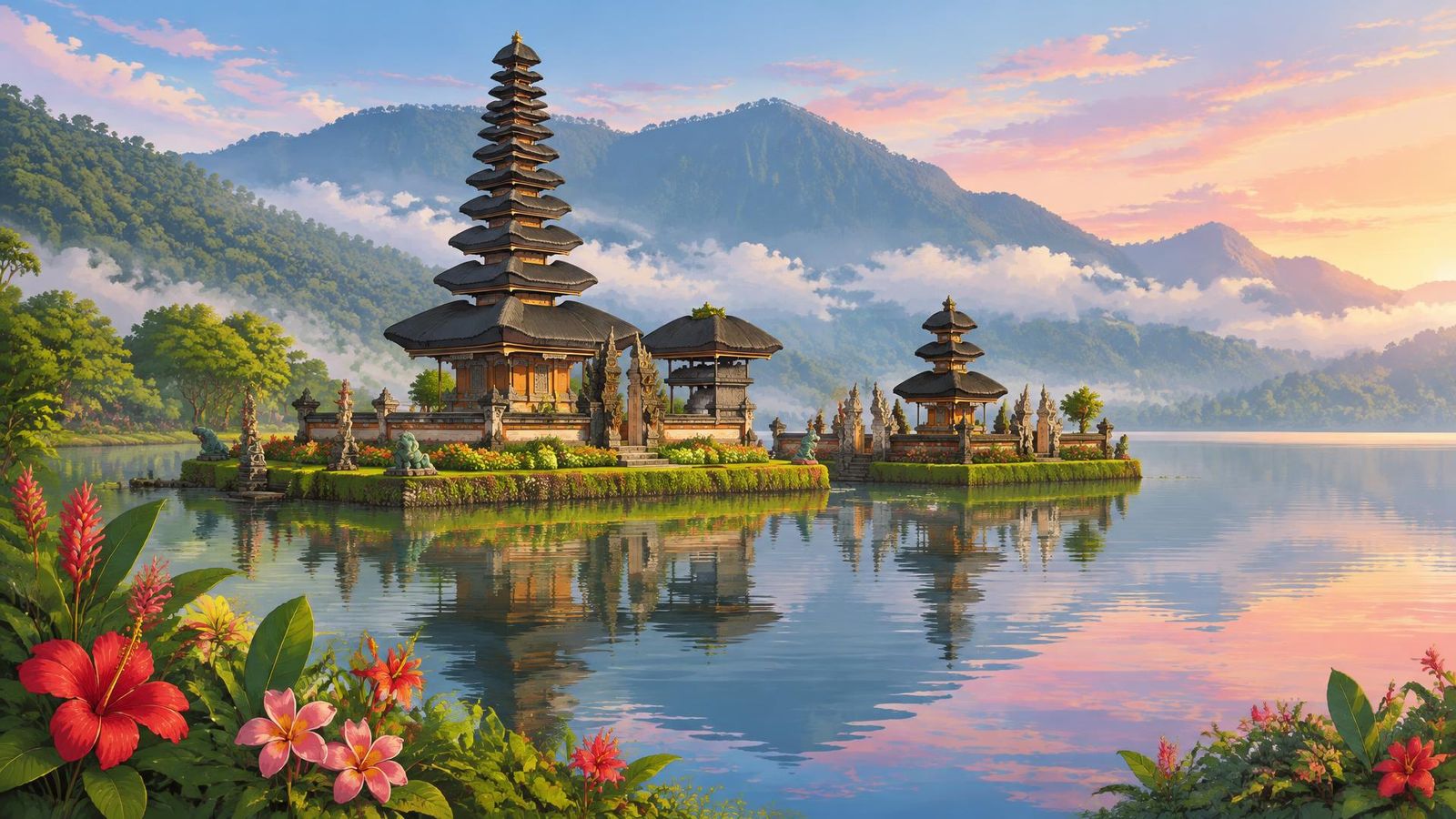 Illustrated landscape representing bedugul, Bali, Indonesia