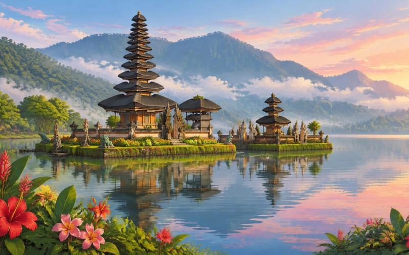 Illustrated landscape representing bedugul, Bali, Indonesia