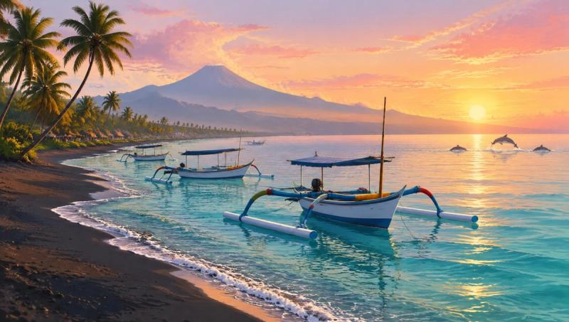 Illustrated landscape representing lovina, Bali, Indonesia