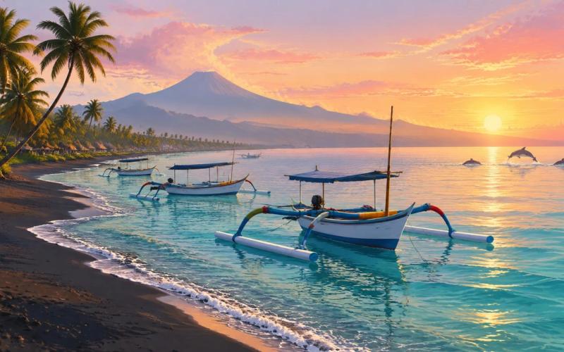 Illustrated landscape representing lovina, Bali, Indonesia