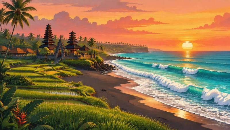 Illustrated landscape representing pererenan, Bali, Indonesia