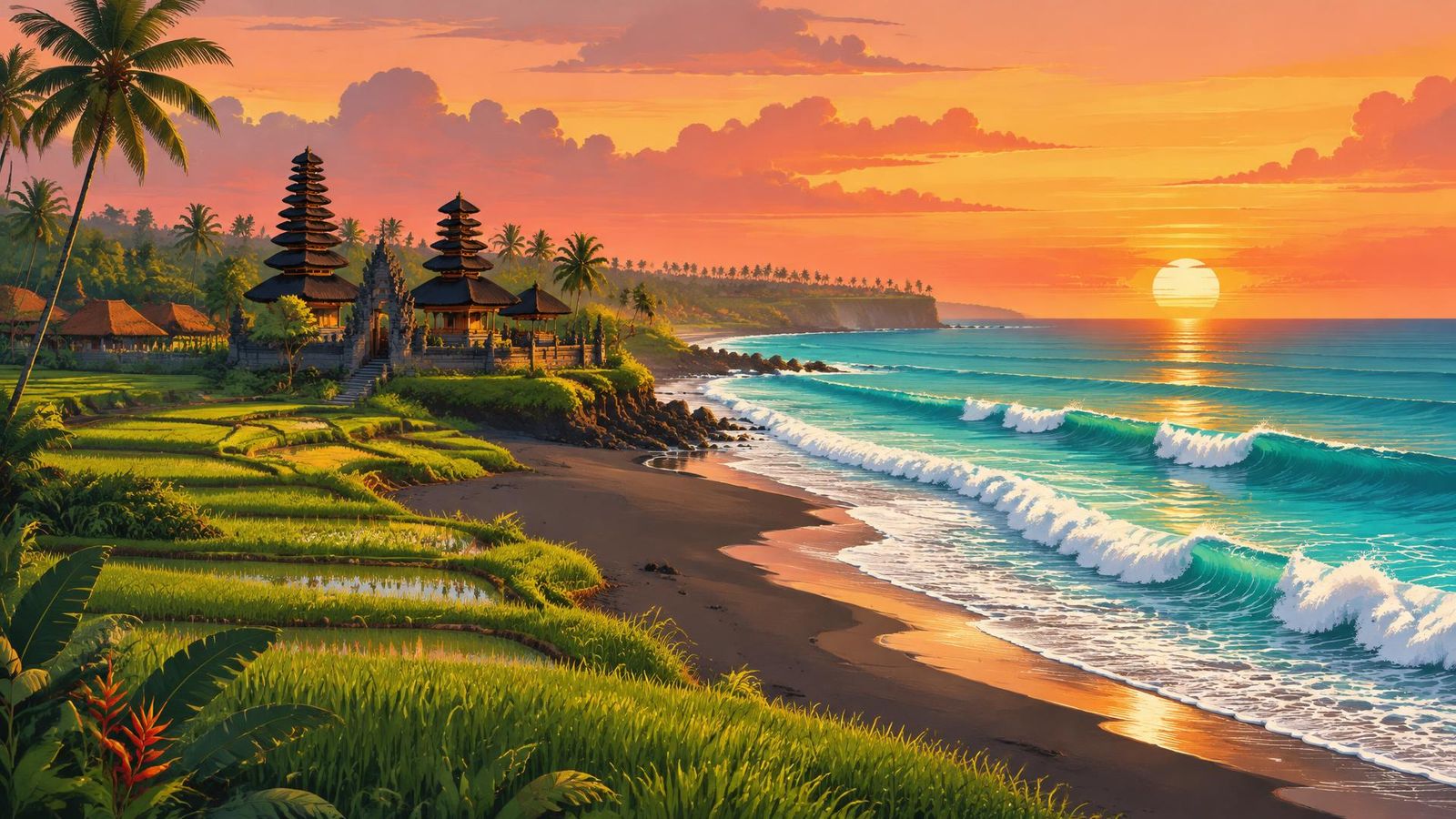Illustrated landscape representing pererenan, Bali, Indonesia