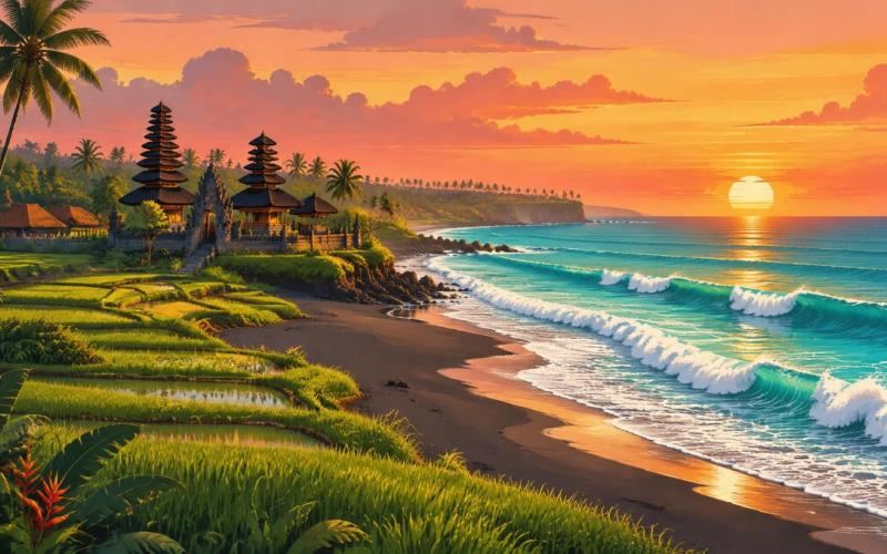 Illustrated landscape representing pererenan, Bali, Indonesia