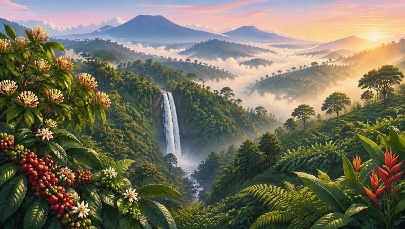 Illustrated landscape representing munduk, Bali, Indonesia