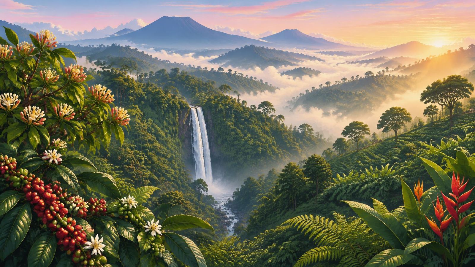 Illustrated landscape representing munduk, Bali, Indonesia