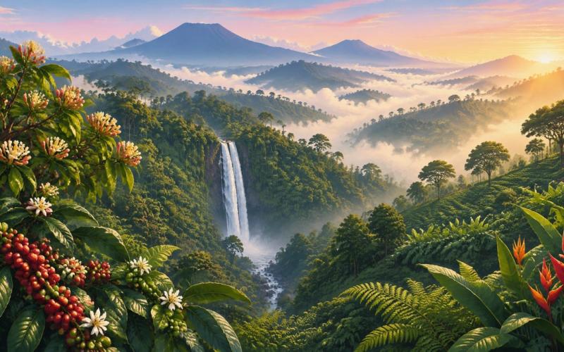 Illustrated landscape representing munduk, Bali, Indonesia