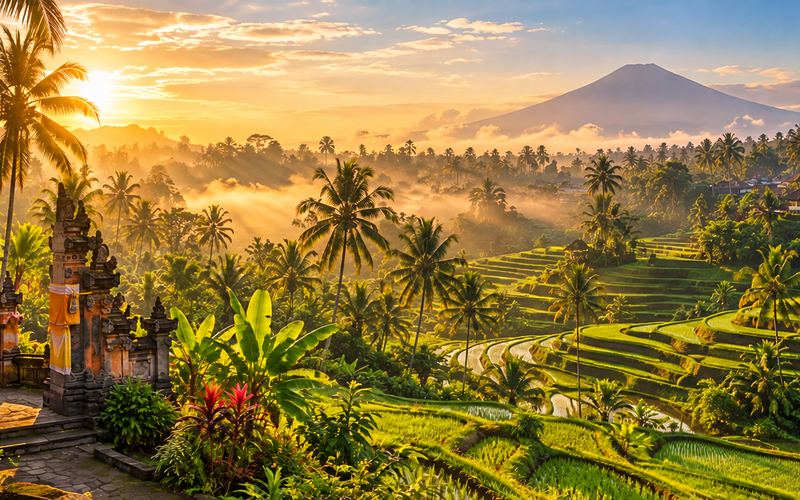 Illustrated Bali landscape for the Wellness in Bali guide