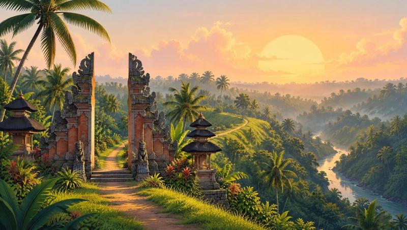 Illustrated landscape representing ubud, Bali, Indonesia