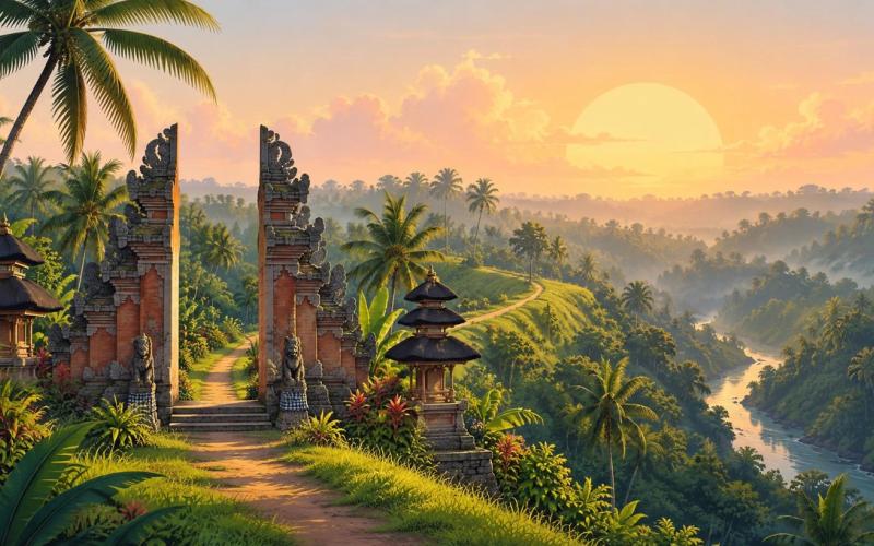Illustrated landscape representing ubud, Bali, Indonesia