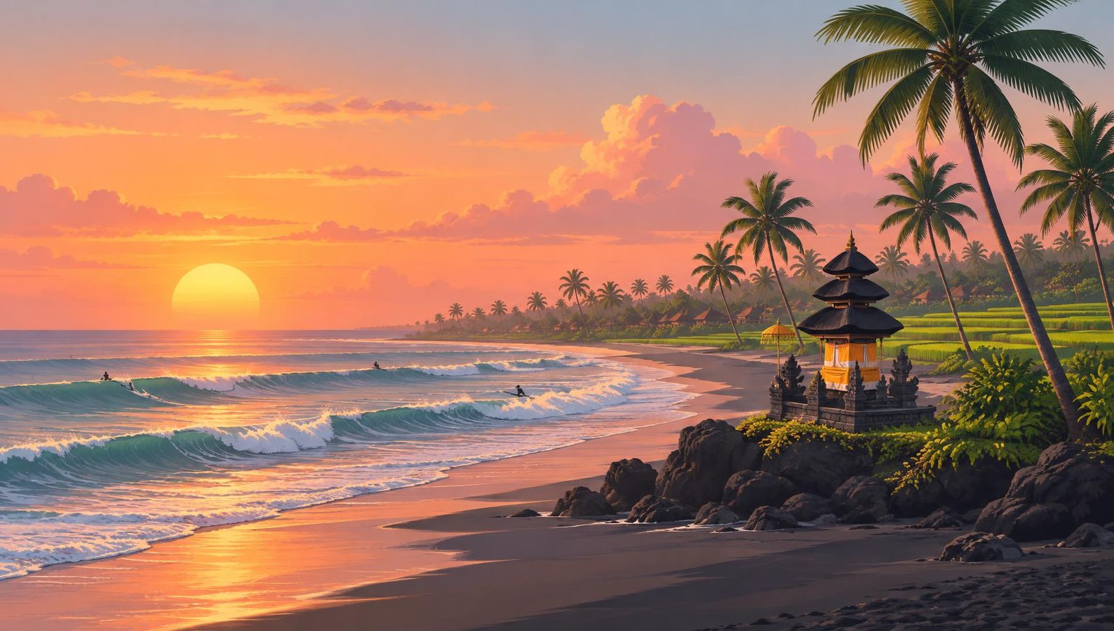 Illustrated landscape representing canggu, Bali, Indonesia