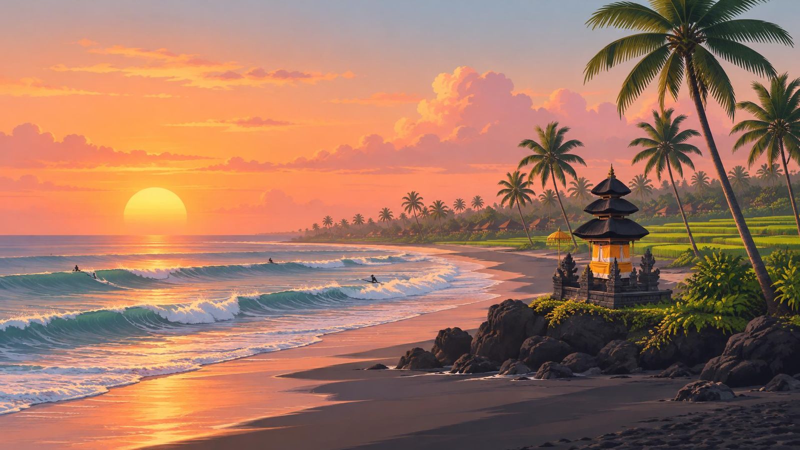 Illustrated landscape representing canggu, Bali, Indonesia
