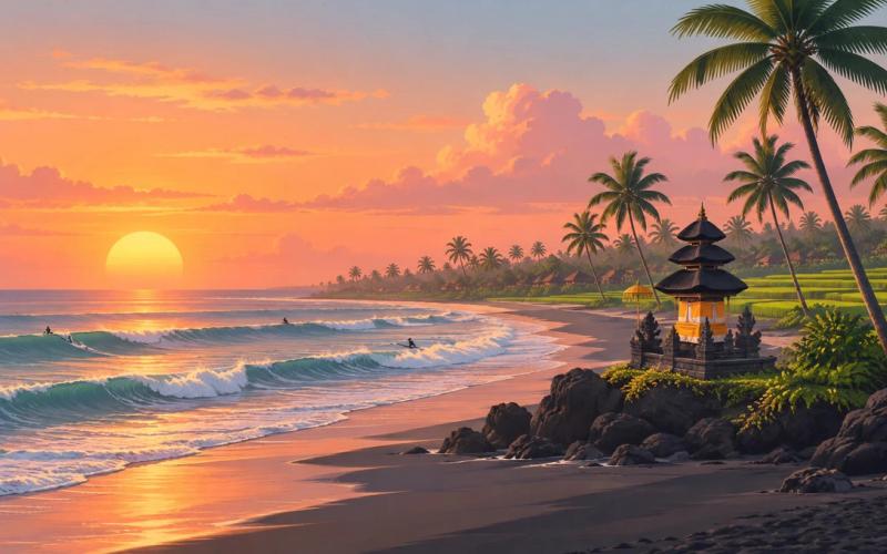 Illustrated landscape representing canggu, Bali, Indonesia