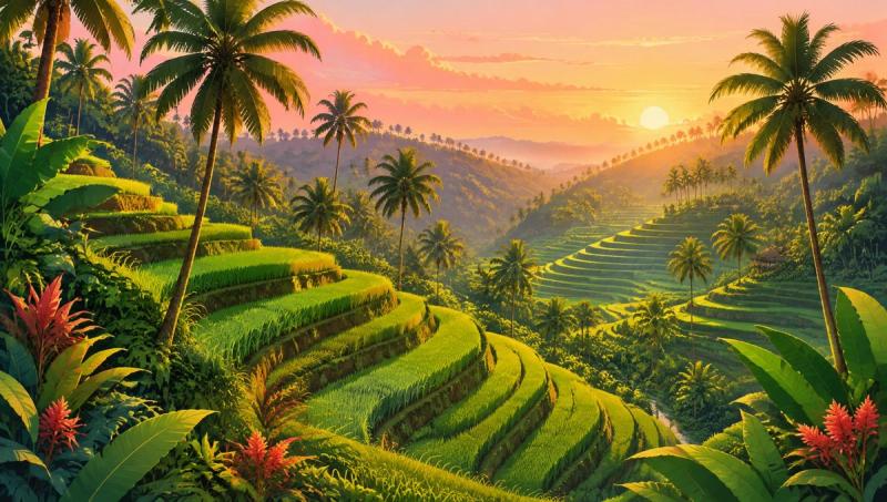 Illustrated landscape representing tegallalang, Bali, Indonesia