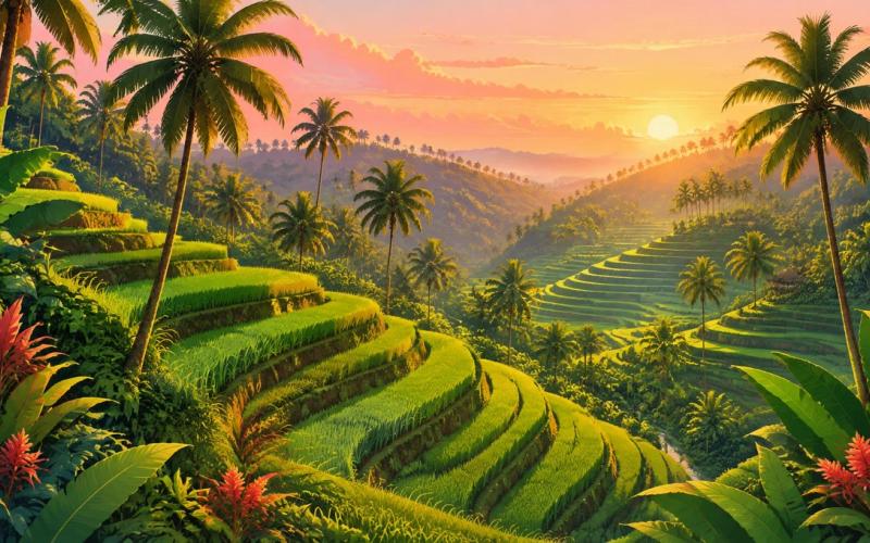 Illustrated landscape representing tegallalang, Bali, Indonesia