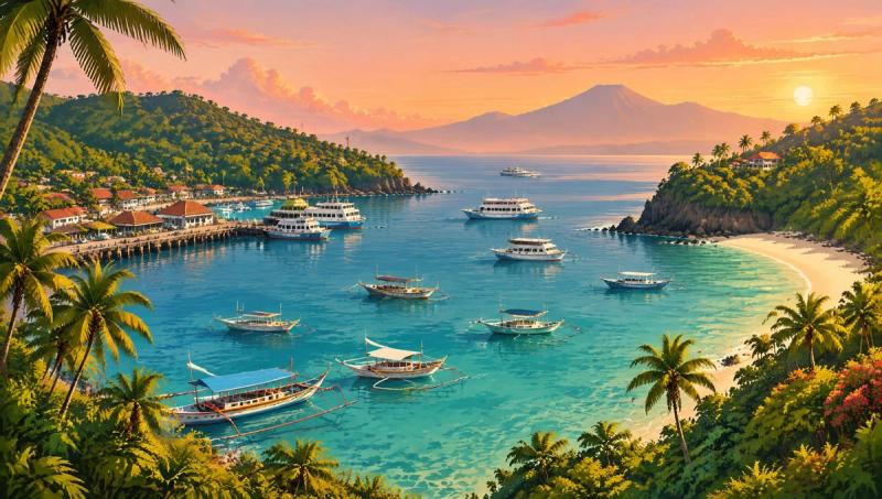 Illustrated landscape representing padangbai, Bali, Indonesia