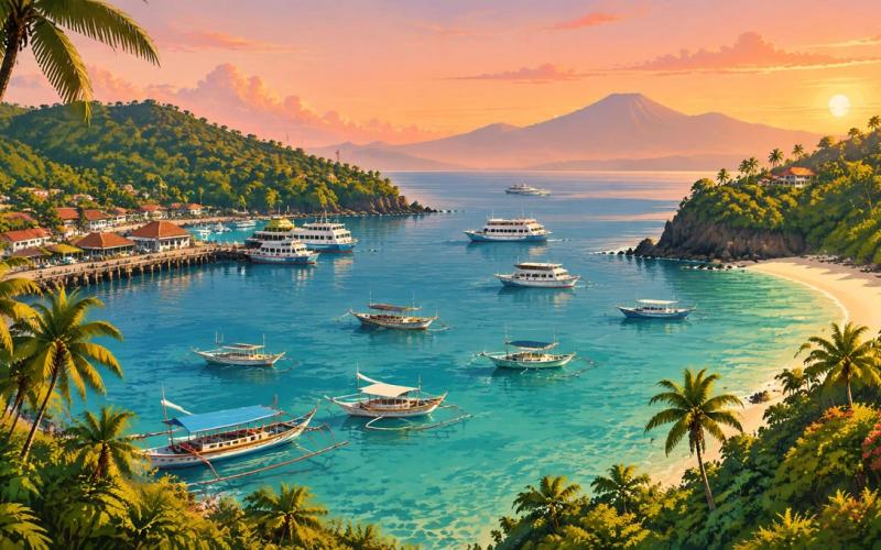 Illustrated landscape representing padangbai, Bali, Indonesia