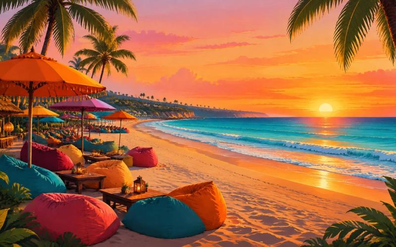 Illustrated landscape representing seminyak, Bali, Indonesia