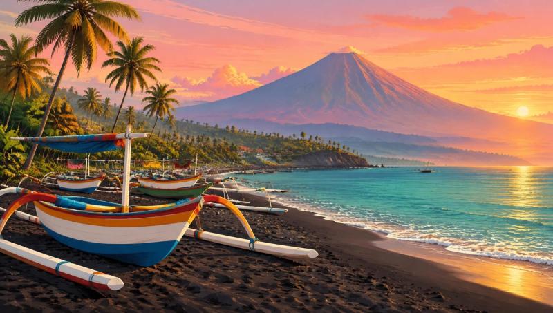 Illustrated landscape representing amed, Bali, Indonesia