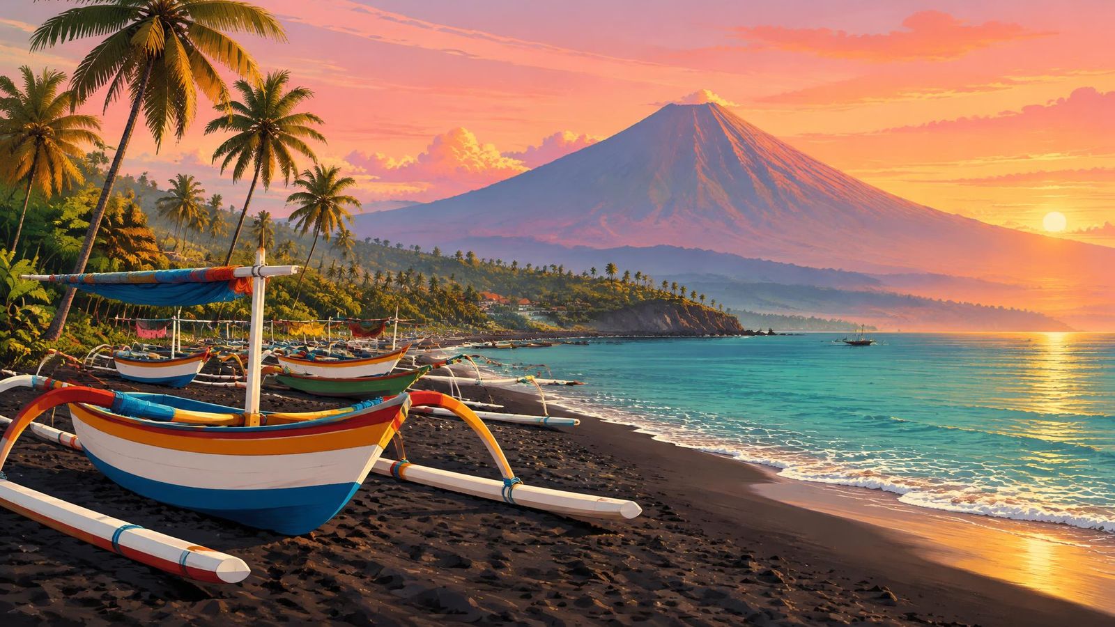 Illustrated landscape representing amed, Bali, Indonesia