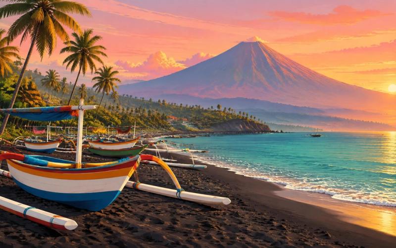 Illustrated landscape representing amed, Bali, Indonesia